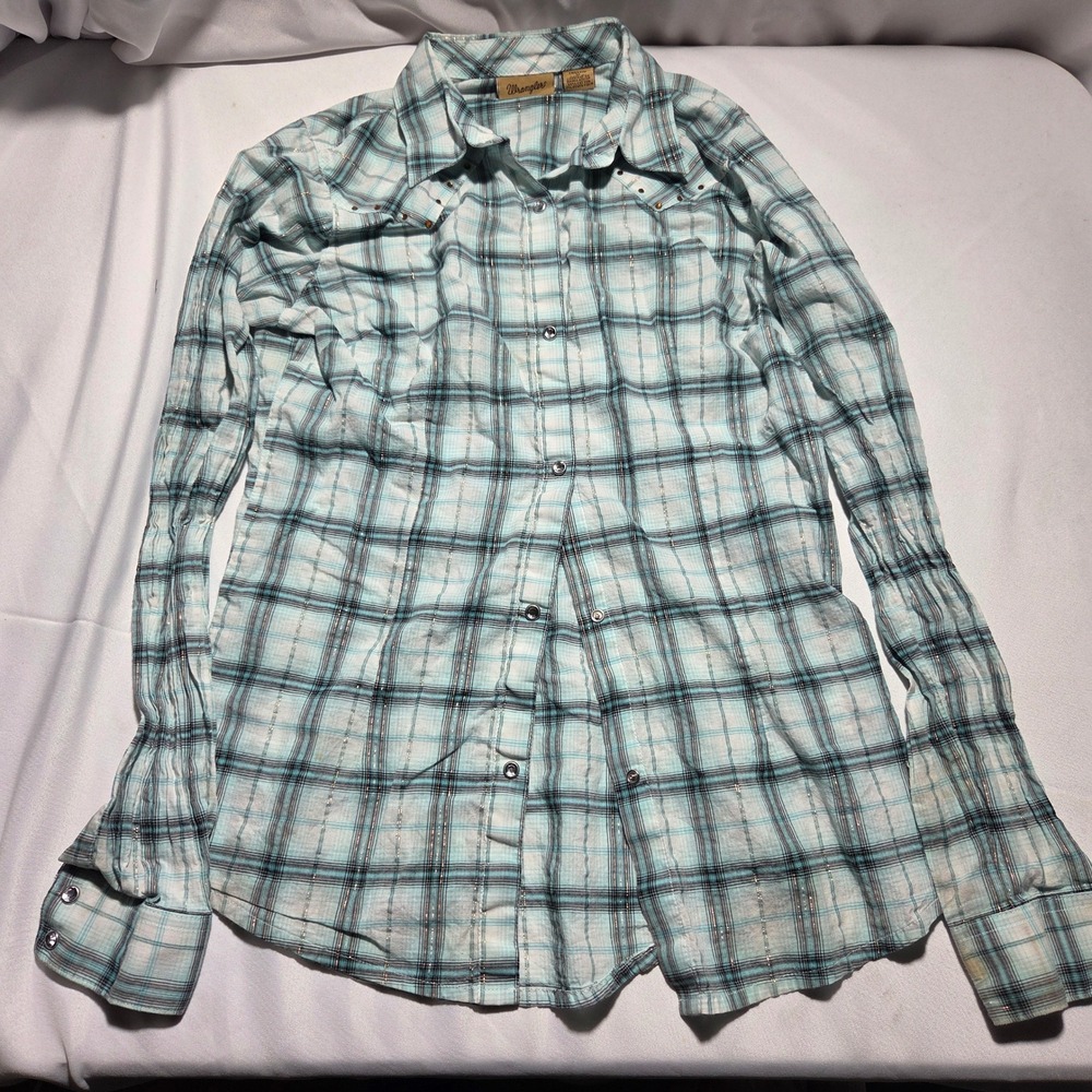Wrangler Womens Western Snap Shirt Turquoise Plaid Metallic Studded LW6941M M